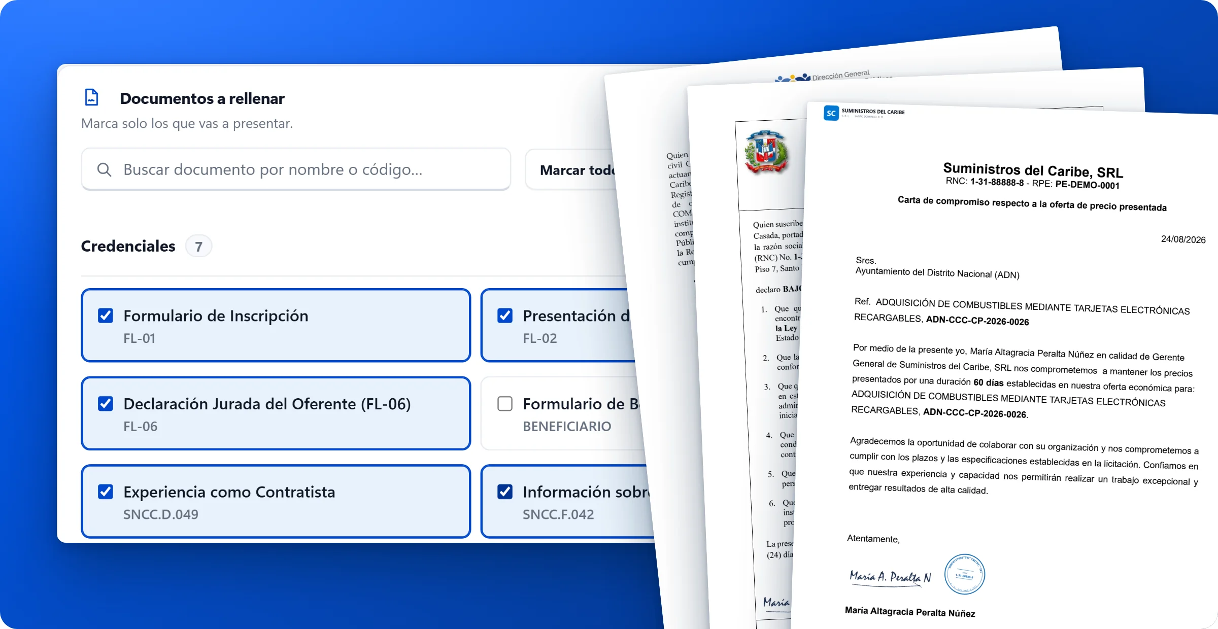 Pantalla de documentos a rellenar con ocho formularios marcados, junto a la carta de compromiso, la declaración jurada y el compromiso ético ya generados con el logo, la firma y el sello de la empresa.